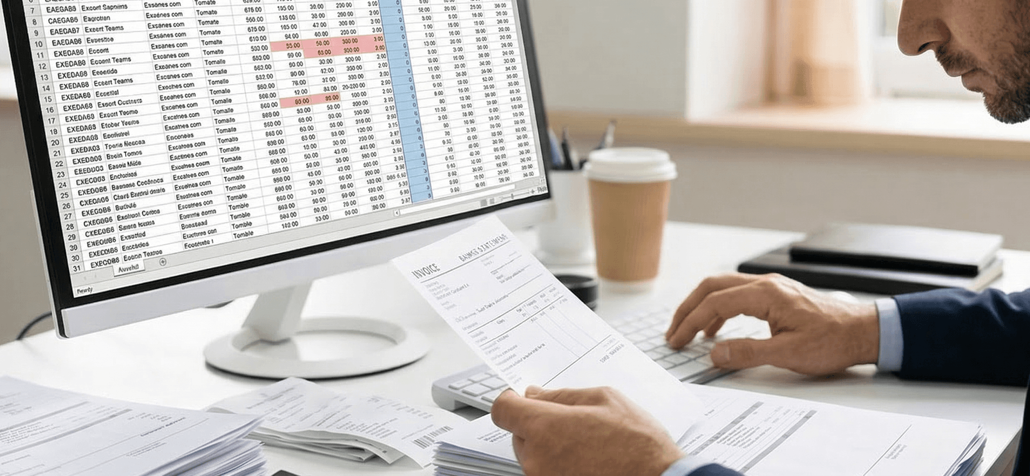 Profissional realizando trabalho manual com planilhas e documentos fiscais